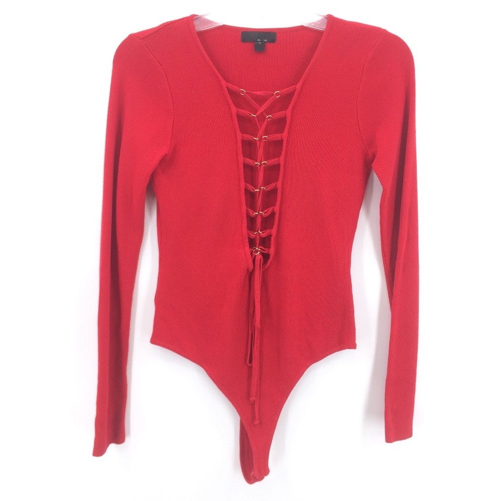 Hera Collection red ribbed deep v body suit